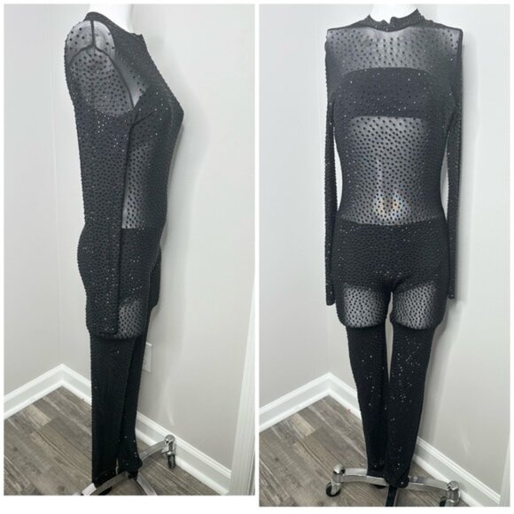 BANJUL BLACK SEE THROUGH RHINESTONE JUMPSUIT- PRELOVED- MEDIUM - Picture 3 of 6